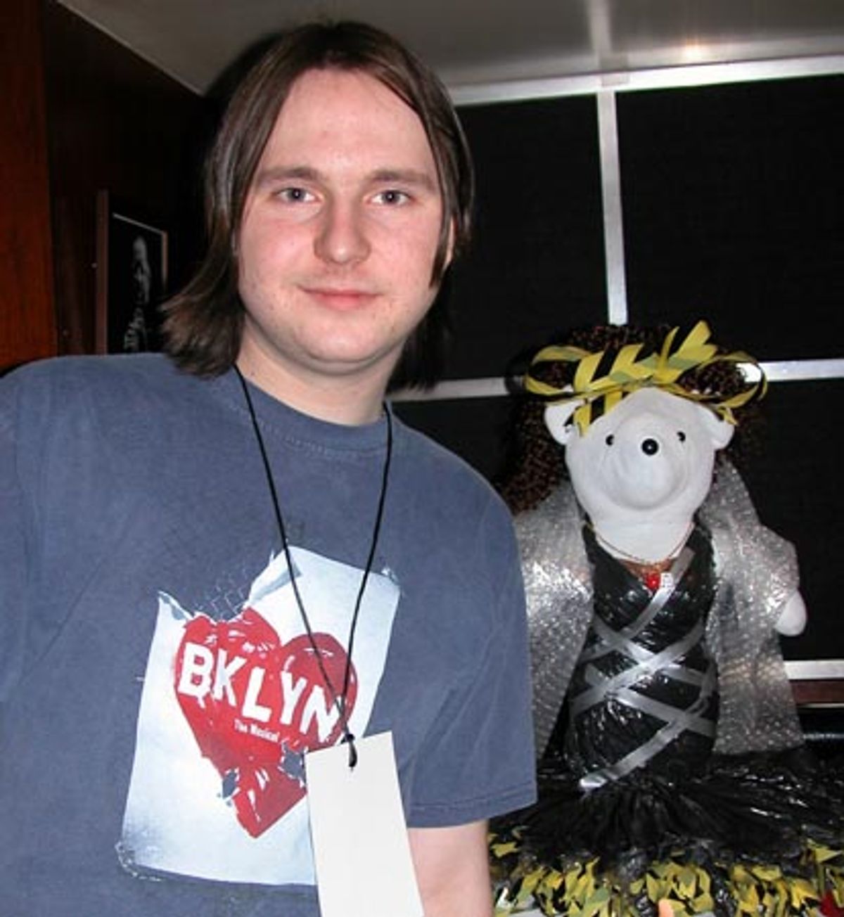 Nicolas Putvinski poses with the Brooklyn bear  at 